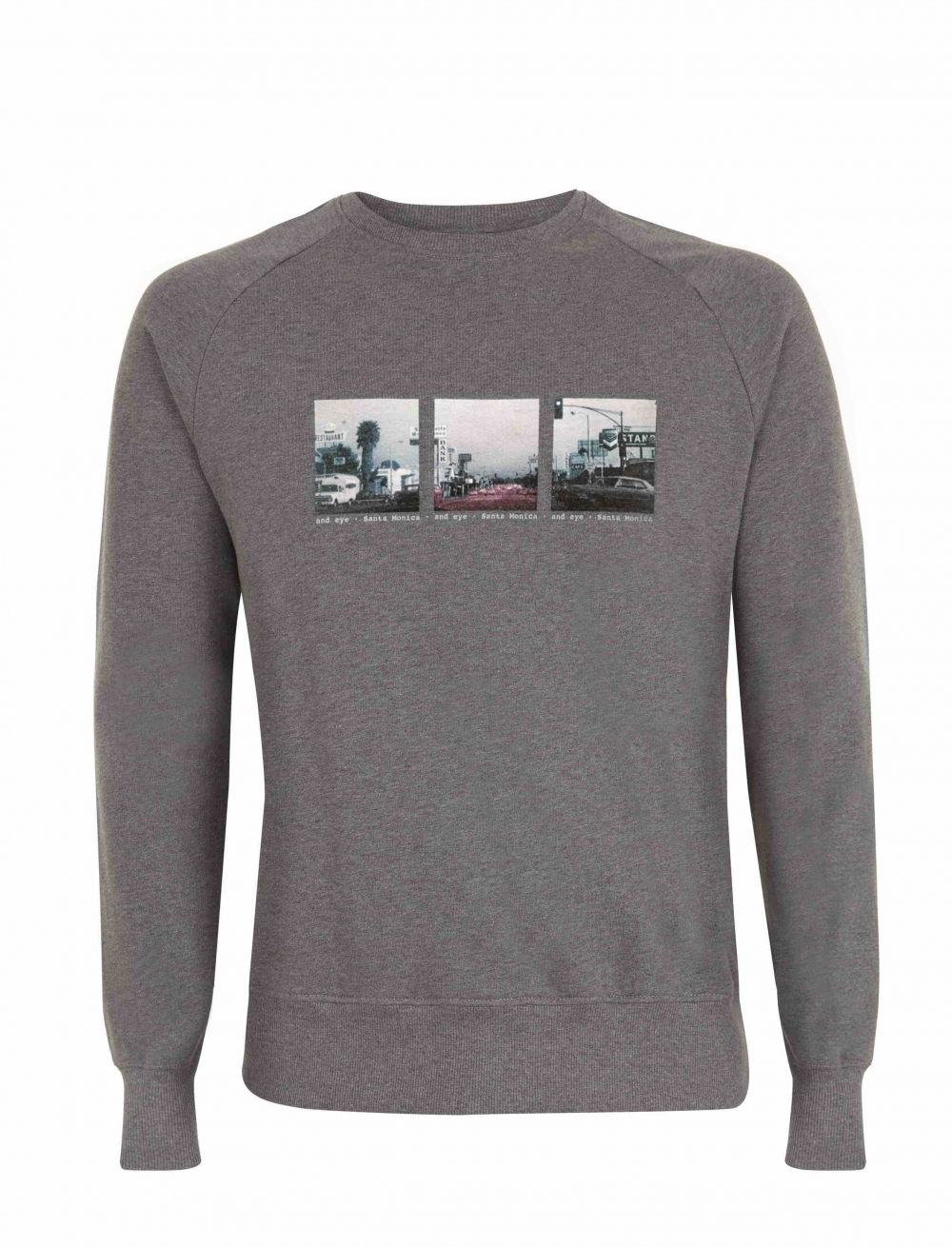 Organic cotton sweatshirt with a vintage image of Santa Monica